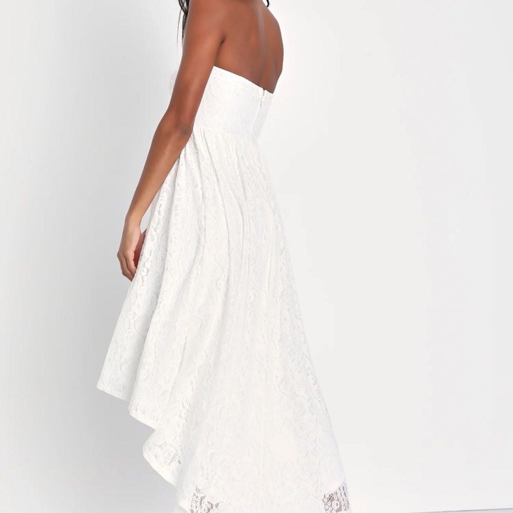 Lulus Curated Charm White Lace Strapless Bustier High-Low Dress - Picture 3 of 9